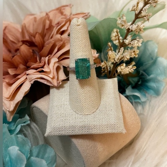 Aqua Zircon Accent Gemstone Ring With Side Micro Pave Simulate Diamonds NEW! - Picture 3 of 6